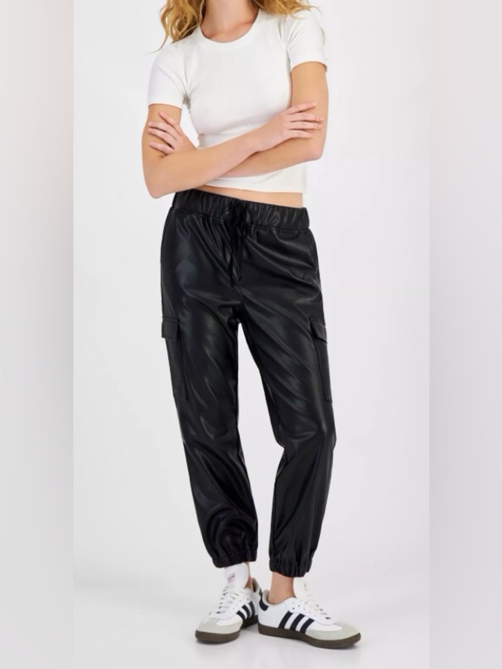 Tinseltown Black Vegan Leather Cargo Pants with Elastic Ankles